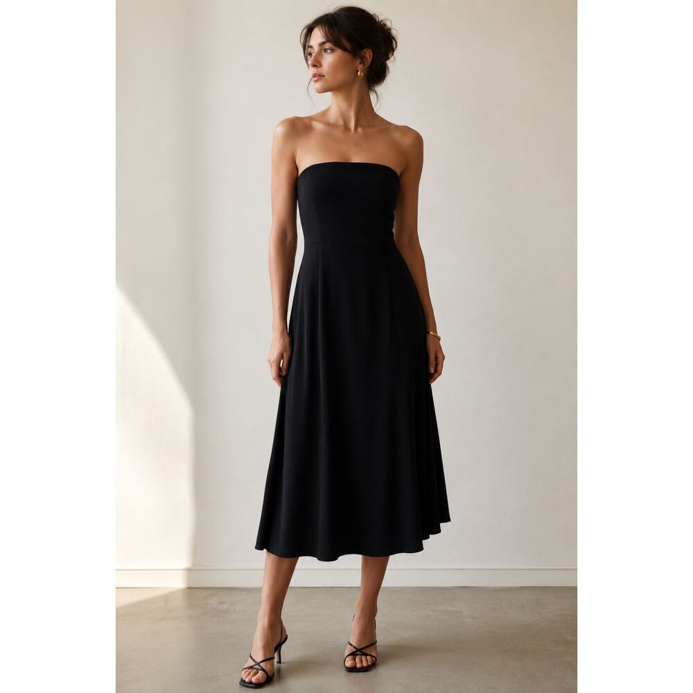 Vintage Ralph Lauren Black Strapless Midi Dress Quiet Luxury Cocktail Evening